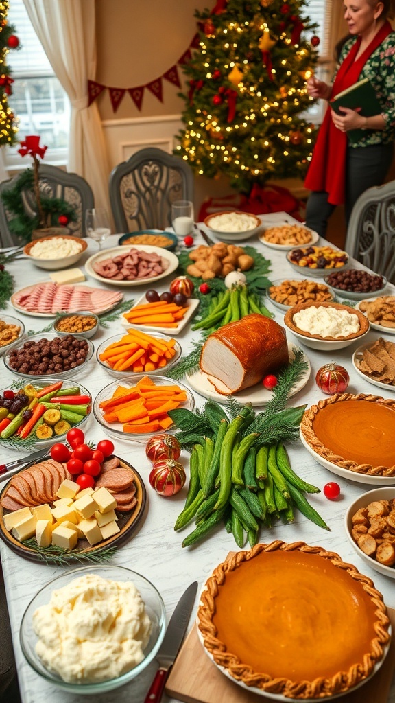 A festive Christmas party table with assorted foods including meat and cheese platter, baked ham, roasted vegetables, mashed potatoes, and pumpkin pie.